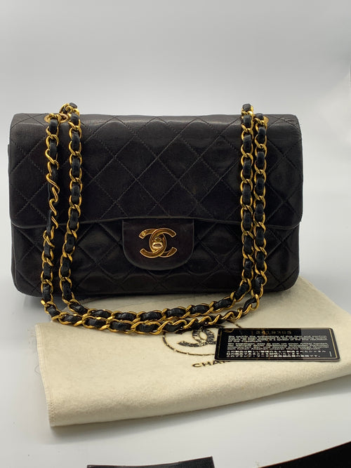 Sold-CHANEL Classic Lambskin Double Chain Double Small Flap Bag black/gold (1)
