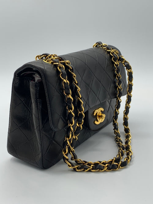 Sold-CHANEL Classic Lambskin Double Chain Double Small Flap Bag black/gold (2)