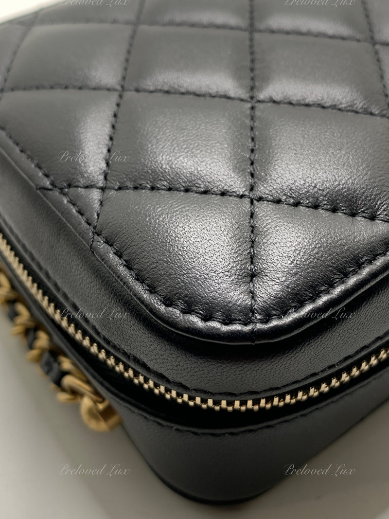 Sold-CHANEL Black Lambskin Pearl Crush Mini Vanity Camera Bag in Aged Gold Hardware