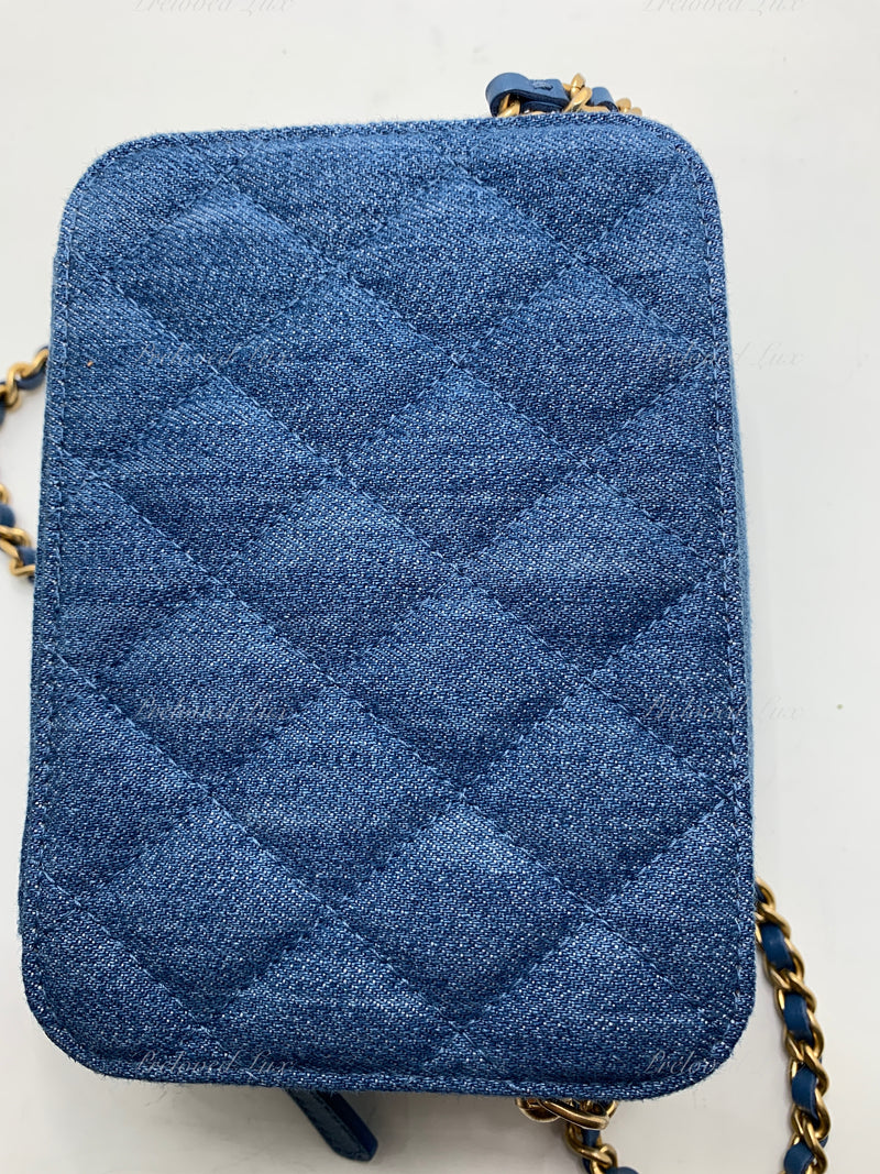 Sold-CHANEL Denim Blue Pearl Crush Mini Vanity Camera Bag in Aged Gold Hardware