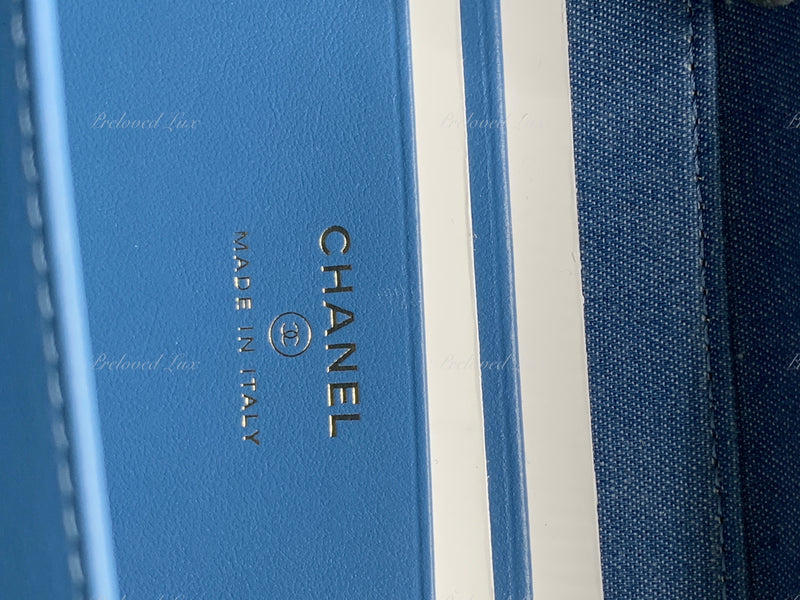 Sold-CHANEL Denim Blue Pearl Crush Mini Vanity Camera Bag in Aged Gold Hardware