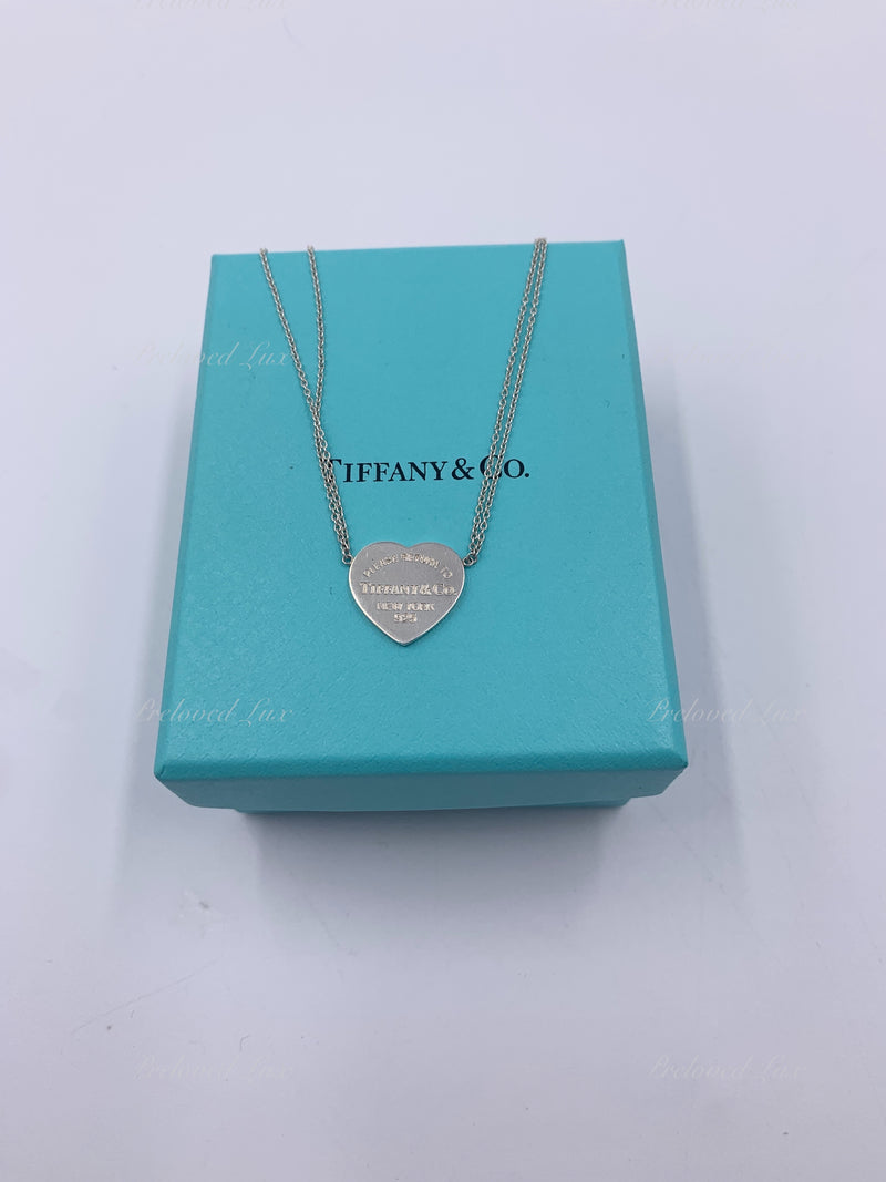 Sold-Tiffany & Co 925 Silver Return to Tiffany Heart Tag Pendant with Double Chain Necklace