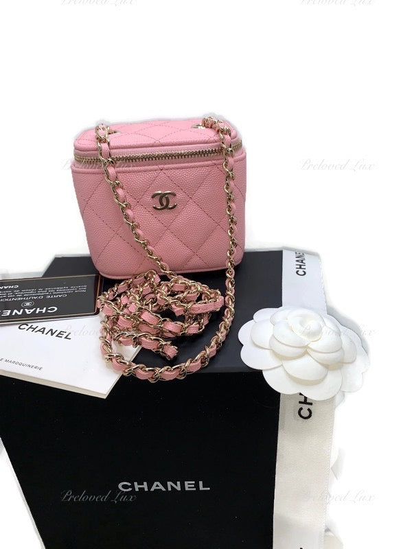 NWT! 💕22C CHANEL Sakura Pink Mini Square Vanity 💕Grained Gold HW Chain Bag