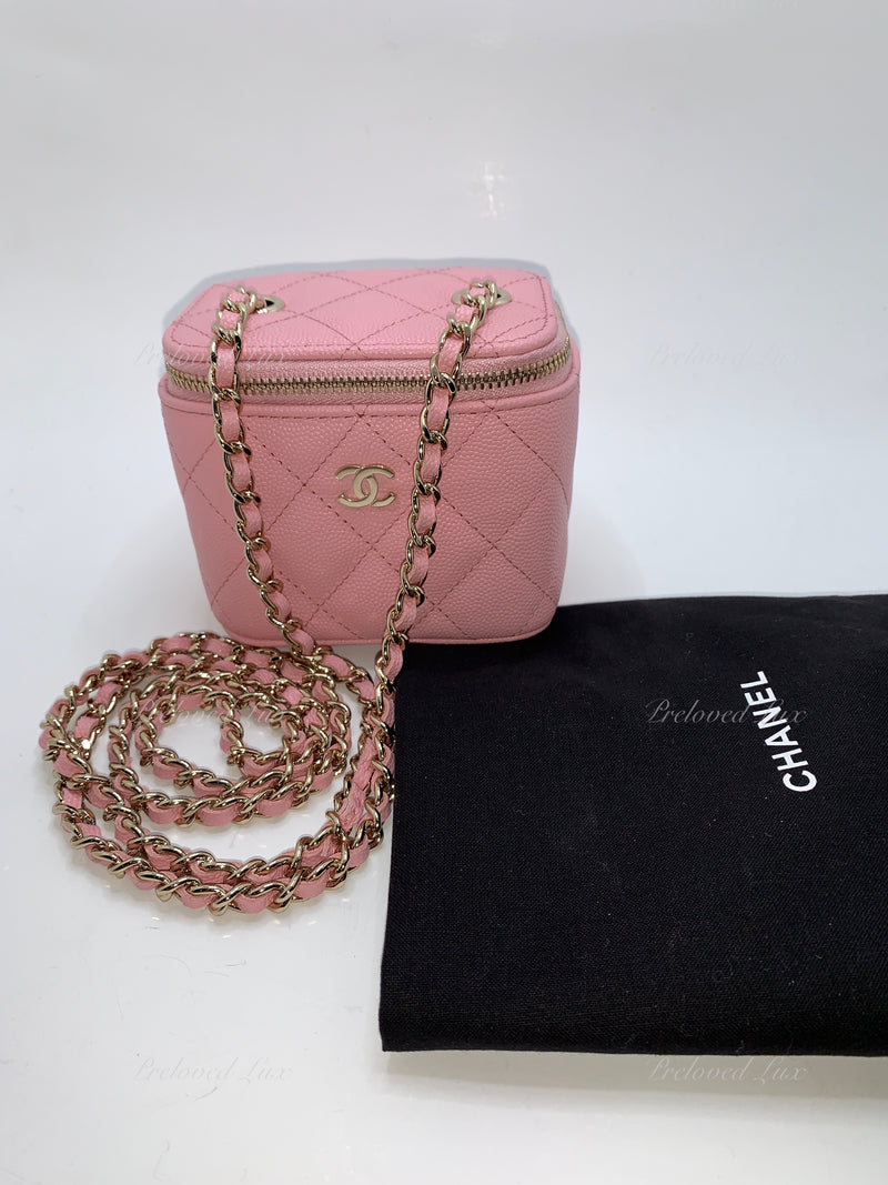 NWT! 💕22C CHANEL Sakura Pink Mini Square Vanity 💕Grained Gold HW Chain Bag