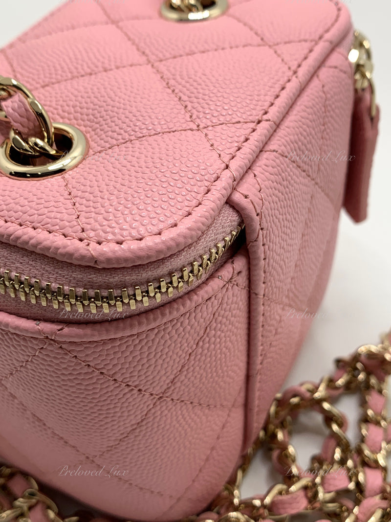 NWT! 💕22C CHANEL Sakura Pink Mini Square Vanity 💕Grained Gold HW Chain Bag