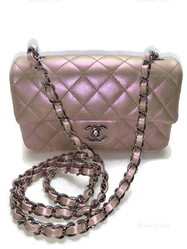 CHANEL Classic Iridescent Pink Calfskin Mini Rectangular Crossbody Bag in Silver Hardware