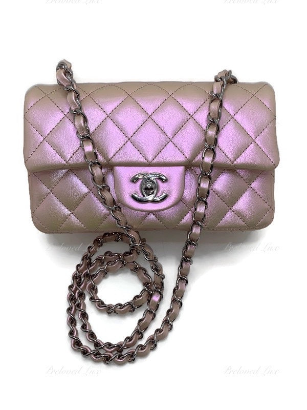 CHANEL Classic Iridescent Pink Calfskin Mini Rectangular Crossbody Bag in Silver Hardware