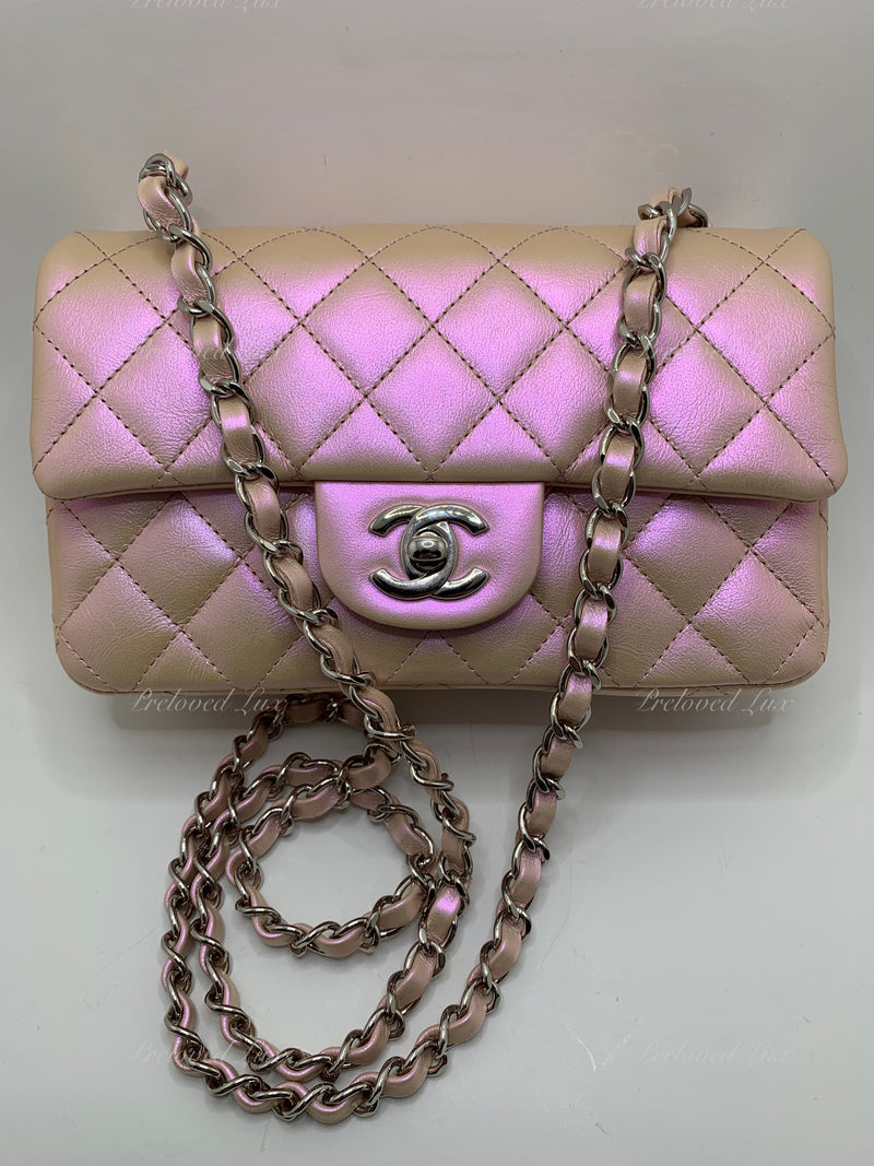 CHANEL Classic Iridescent Pink Calfskin Mini Rectangular Crossbody Bag in Silver Hardware
