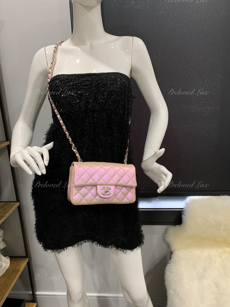CHANEL Classic Iridescent Pink Calfskin Mini Rectangular Crossbody Bag in Silver Hardware