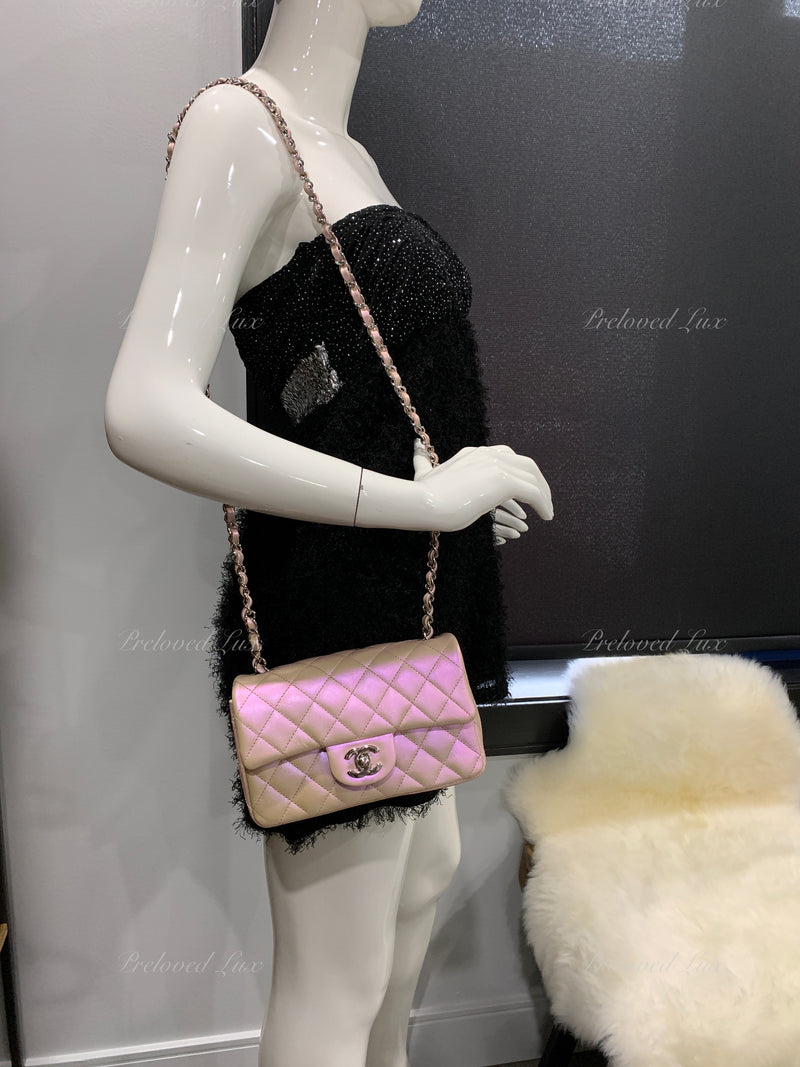 CHANEL Classic Iridescent Pink Calfskin Mini Rectangular Crossbody Bag in Silver Hardware