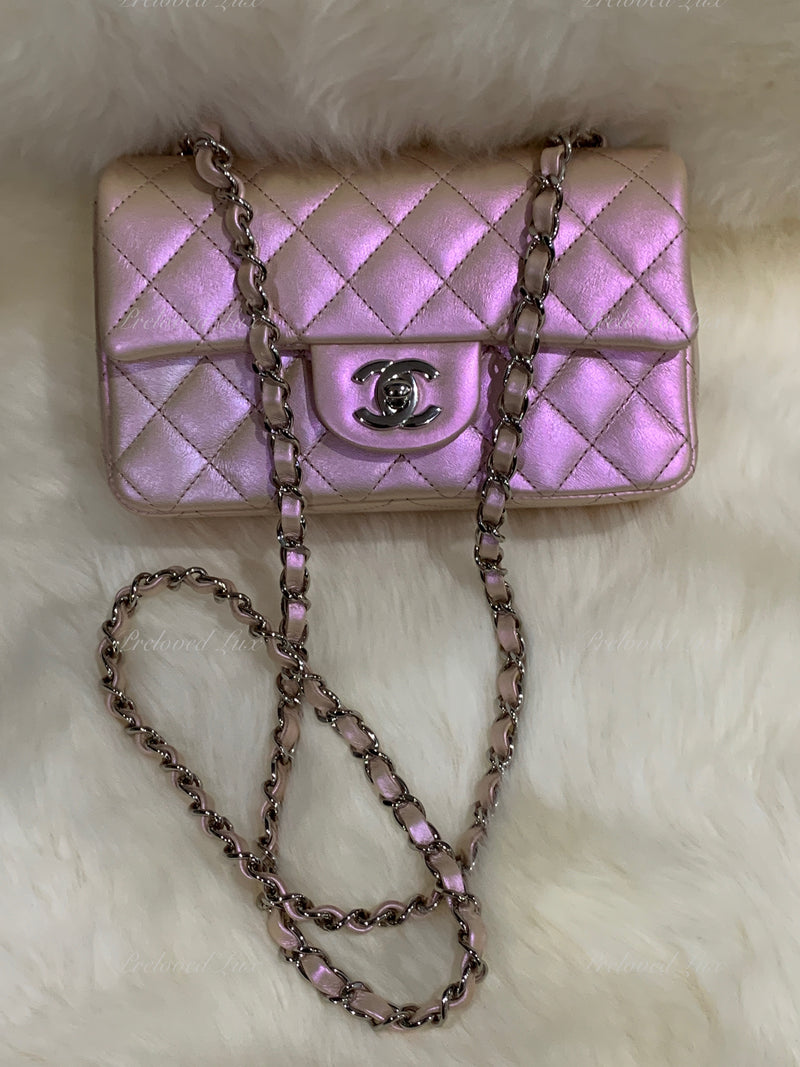 CHANEL Classic Iridescent Pink Calfskin Mini Rectangular Crossbody Bag in Silver Hardware