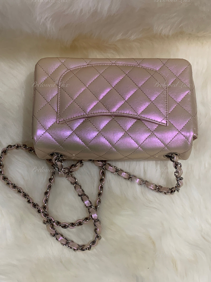 CHANEL Classic Iridescent Pink Calfskin Mini Rectangular Crossbody Bag in Silver Hardware