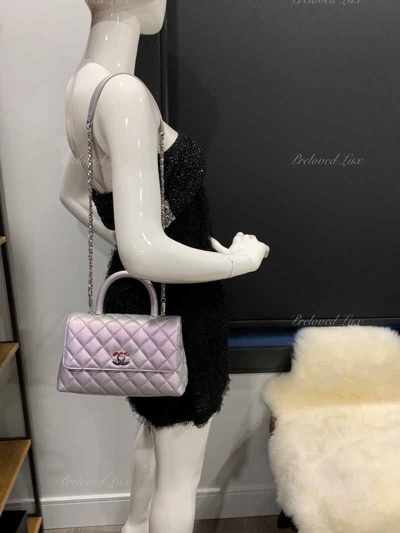 Sold-CHANEL Classic Iridescent Purple Caviar Small Coco Handle Bag in Silver Hardware