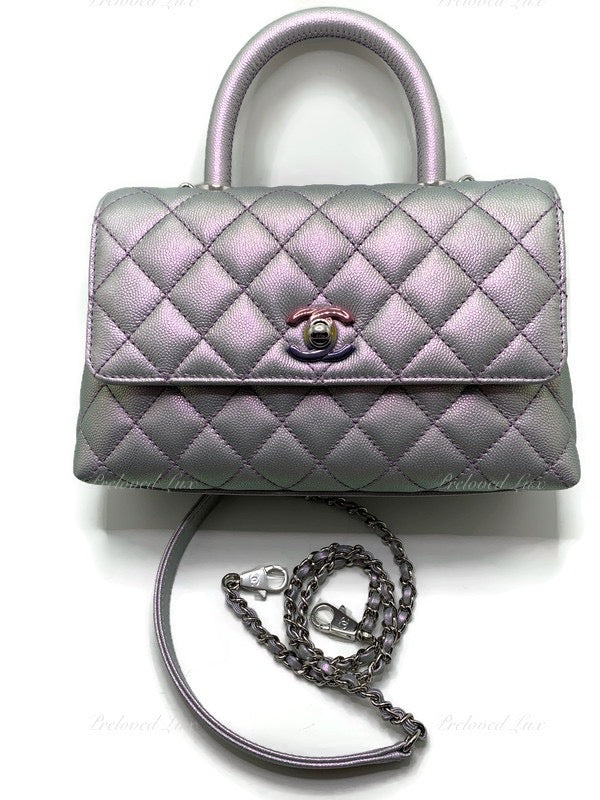 CHANEL Classic Iridescent Purple Caviar Small Coco Handle Bag in