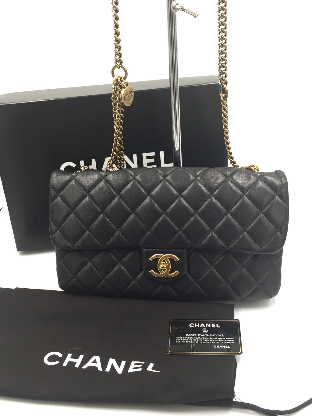 Chanel 17347281 Cruise 2013 Black Calfskin w Zip Pocket Crown Flap Bag in  Mat Gold Hardware