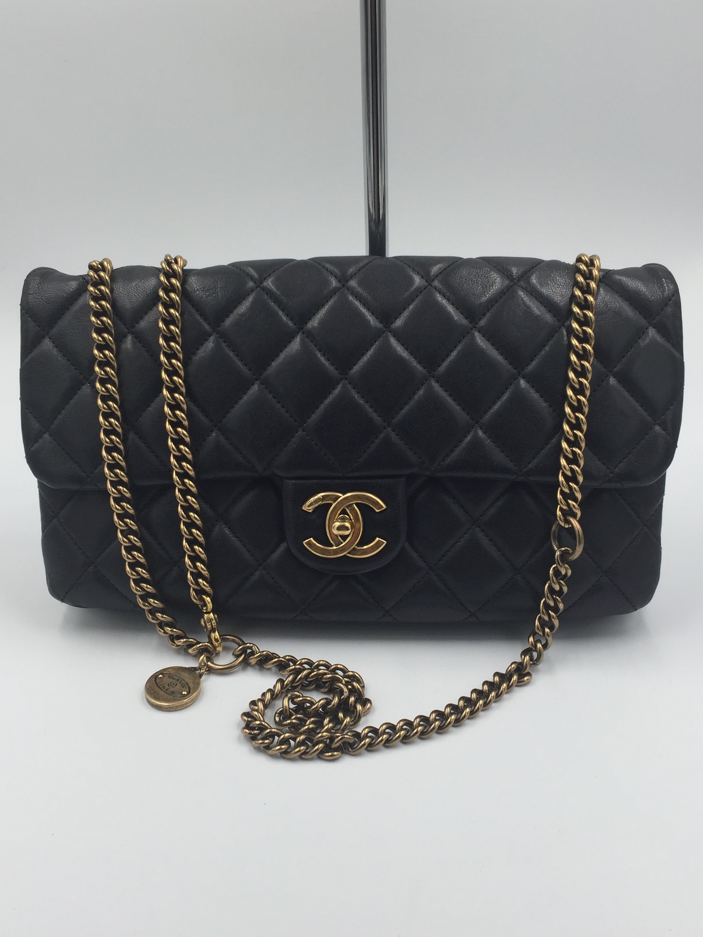 Chanel Black Quilted Lambskin CC Crown Flap Aged Gold Hardware