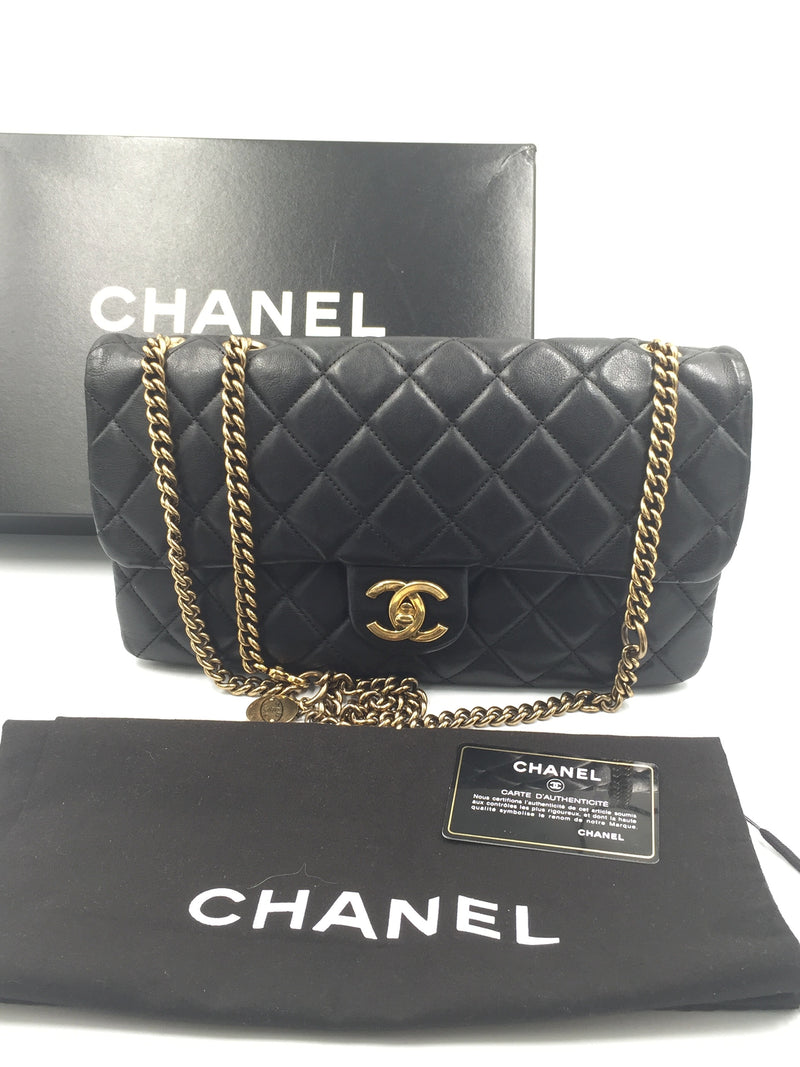 Sold-CHANEL CC Crown Calfskin Flap Bag - Black/Aged Gold Hardware
