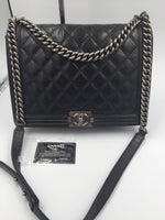 Sold-CHANEL Calfskin Quilted Large Boy Flap Black- Aged Silver Hardware