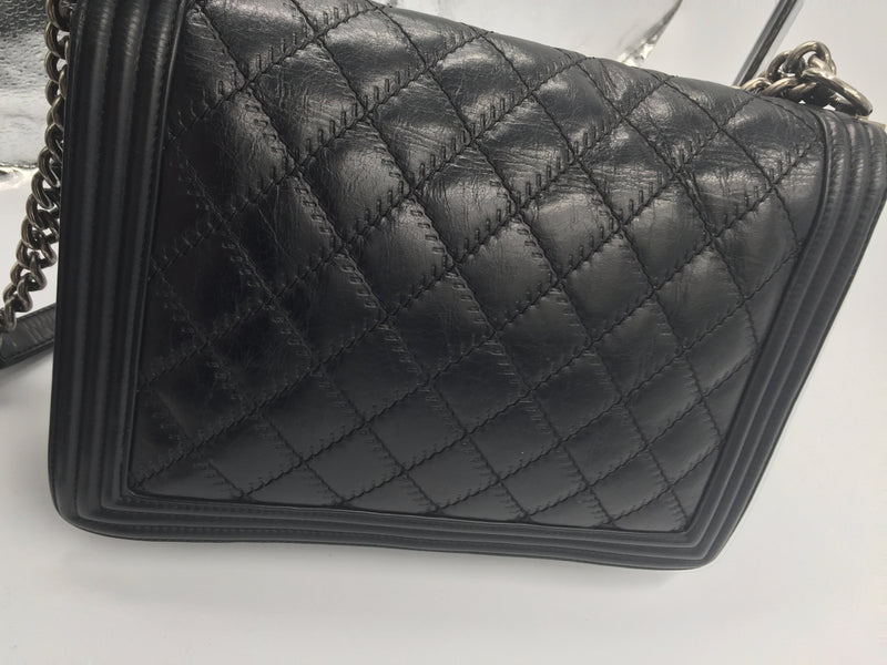 Sold-CHANEL Calfskin Quilted Large Boy Flap Black- Aged Silver Hardware