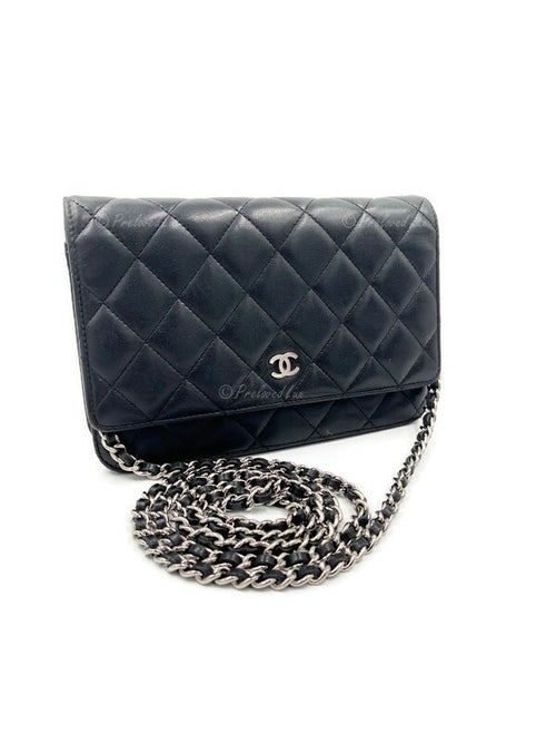 CHANEL Black Lambskin Wallet-on-the-chain WOC Crossbody Flap Bag Silver Hardware