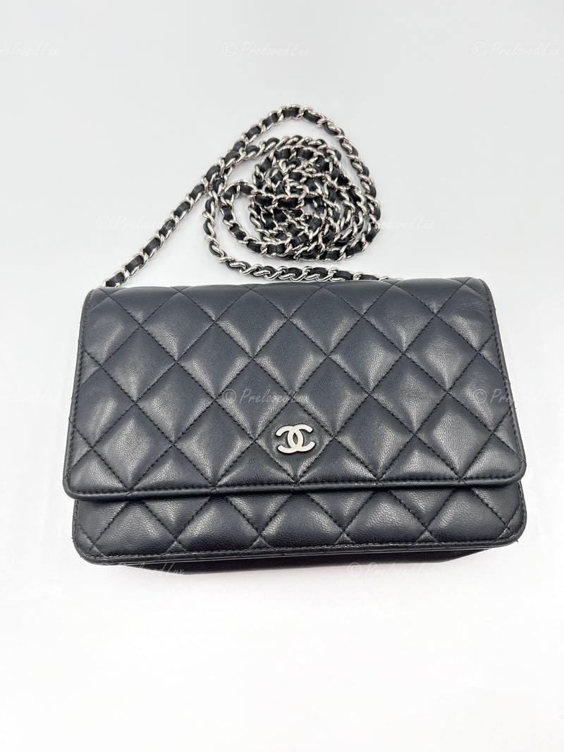 Chanel Black Lambskin Leather Camellia Embossed WOC (wallet-on