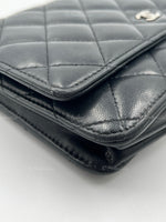 Sold-CHANEL Black Lambskin Wallet-on-the-chain WOC Crossbody Flap Bag Silver Hardware