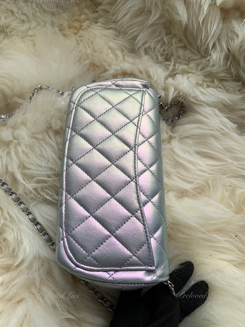 CHANEL Iridescent Purple Calfskin Mini Flap Crossbody Bag in Silver Hardware