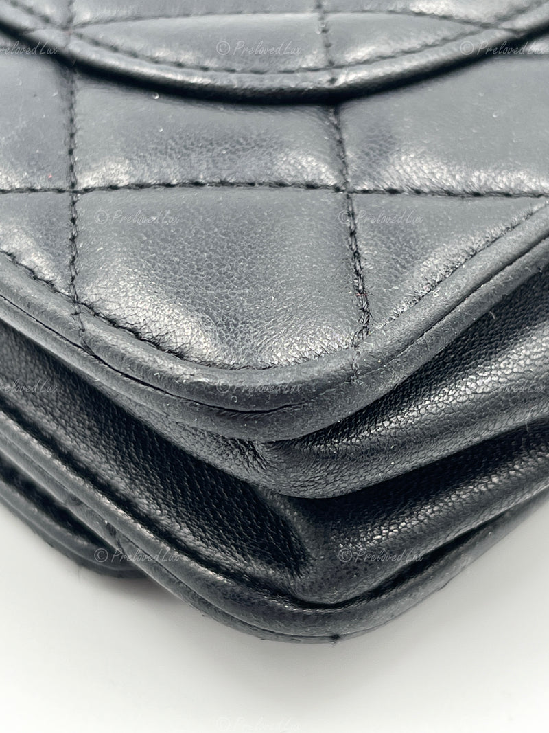 CHANEL Black Lambskin Wallet-on-the-chain WOC Crossbody Flap Bag Silver Hardware