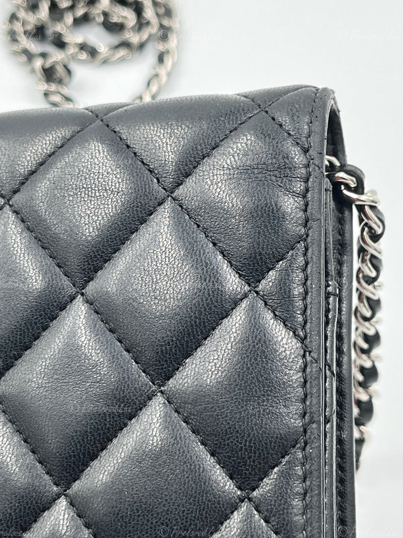 Sold-CHANEL Black Lambskin Wallet-on-the-chain WOC Crossbody Flap Bag Silver Hardware