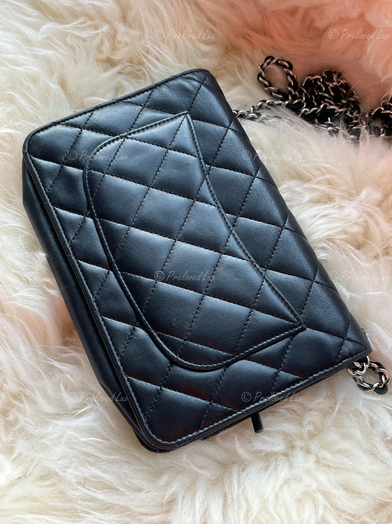 CHANEL Black Lambskin Wallet-on-the-chain WOC Crossbody Flap Bag Silver Hardware