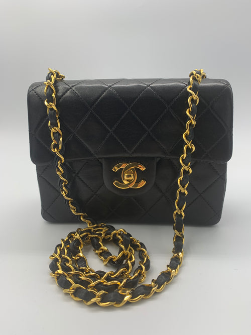 Sold-CHANEL Classic Lambskin Chain Mini Square Flap Bag black/gold J187