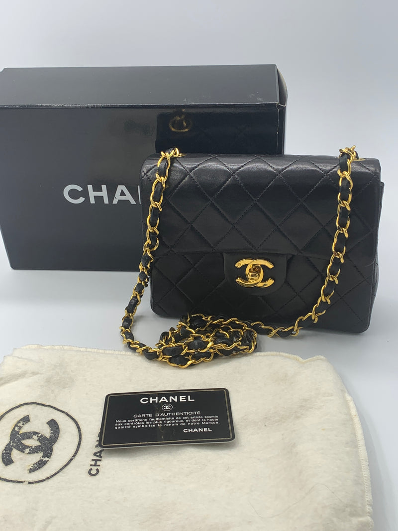 Sold-CHANEL Classic Lambskin Chain Mini Square Flap Bag black/gold J18 –  Preloved Lux