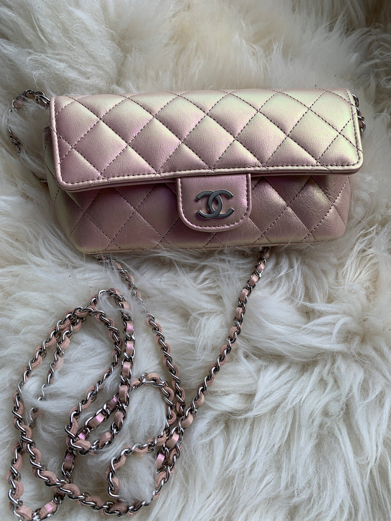 CHANEL Iridescent Pink Calfskin Mini Flap Crossbody Bag in Silver Hard –  Preloved Lux