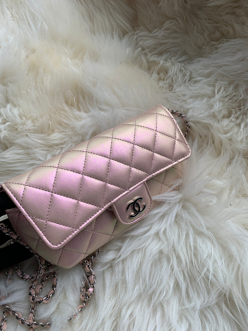 Authentic Chanel Pink Calfskin Leather Zipped Back Pocket Calfskin Flap Bag