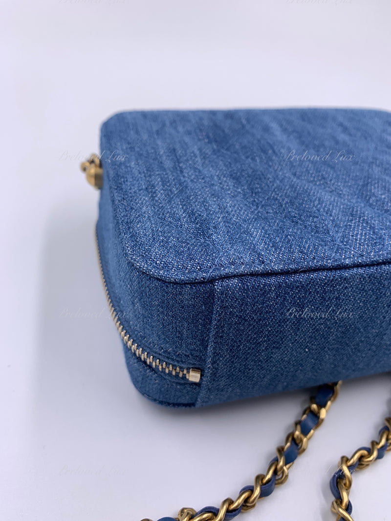 CHANEL Denim Blue Pearl Crush Mini Vanity Camera Bag in Aged Gold Hardware