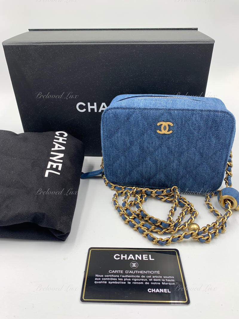 CHANEL Denim Blue Pearl Crush Mini Vanity Camera Bag in Aged Gold Hardware  - Preloved Lux Canada