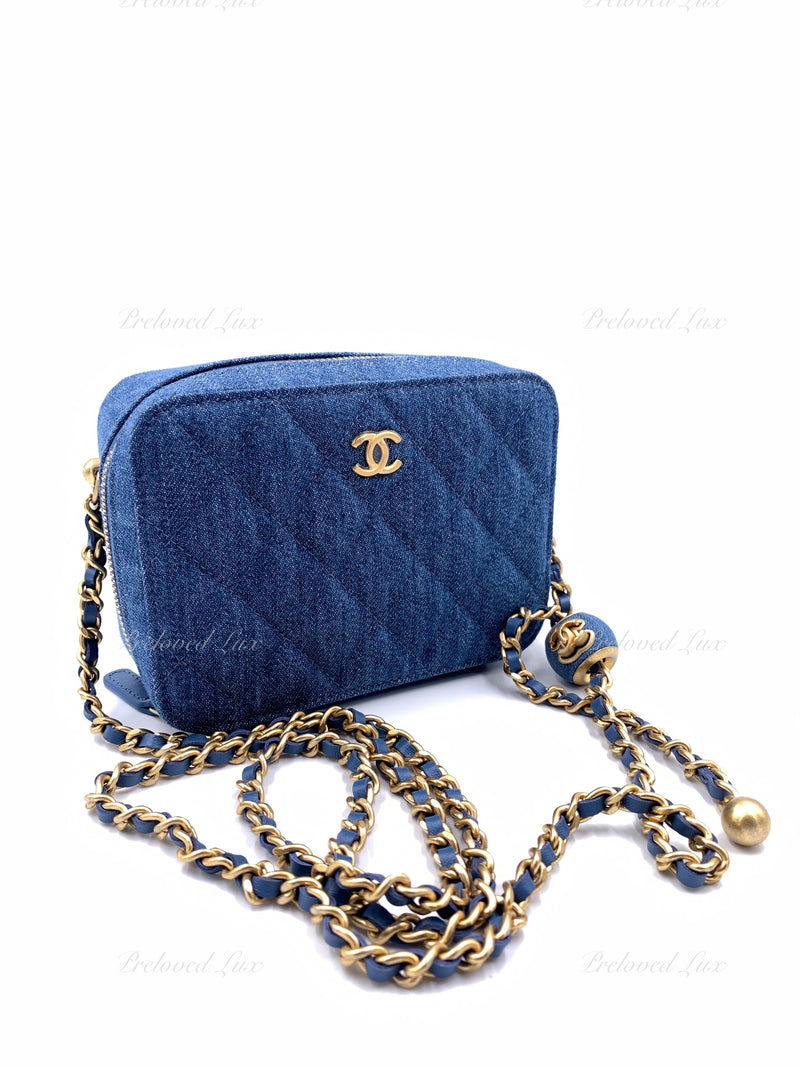 CHANEL Denim Blue Pearl Crush Mini Vanity Camera Bag in Aged Gold Hardware