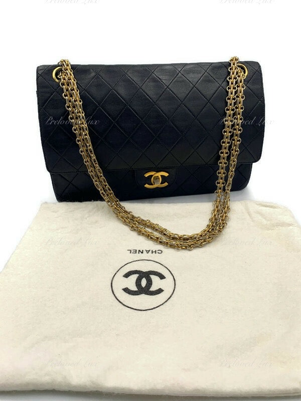 CHANEL Classic Lambskin Double Chain Double Flap Bag Black Medium Square  gold hardware - Preloved Lux Canada AUthentic.