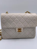 Sold-CHANEL Classic Lambskin Chain Mini Square Flap Bag White/ Gold hardware