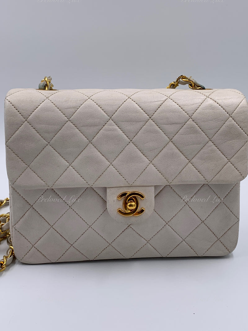 Sold-CHANEL Classic Lambskin Chain Mini Square Flap Bag White/ Gold hardware