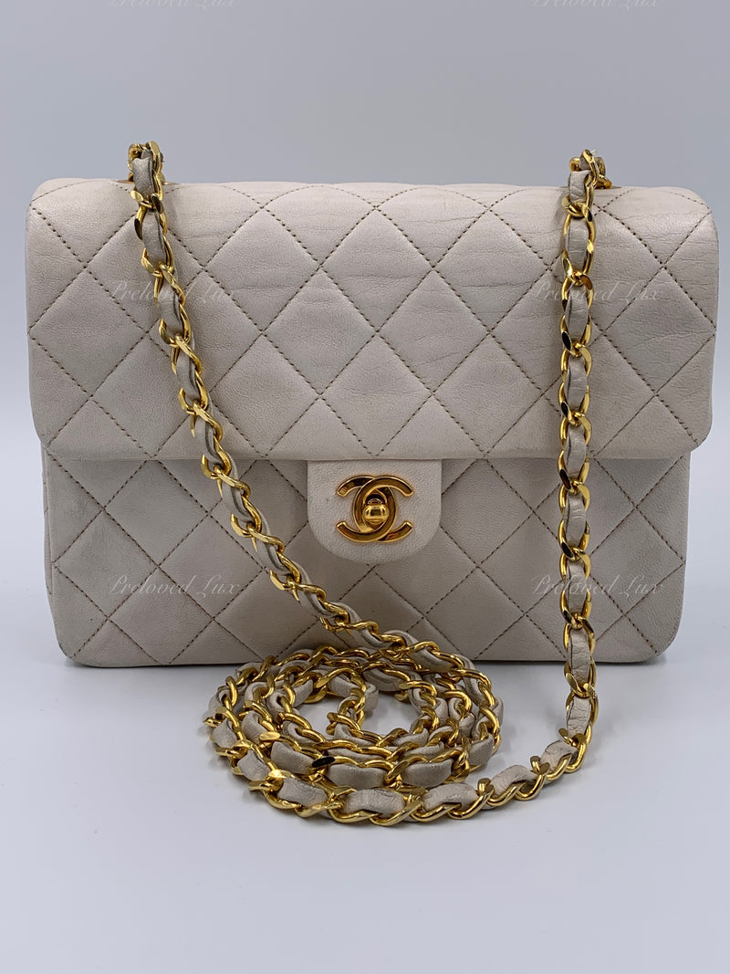 CHANEL Classic Lambskin Chain Mini Square Flap Bag Ivory white