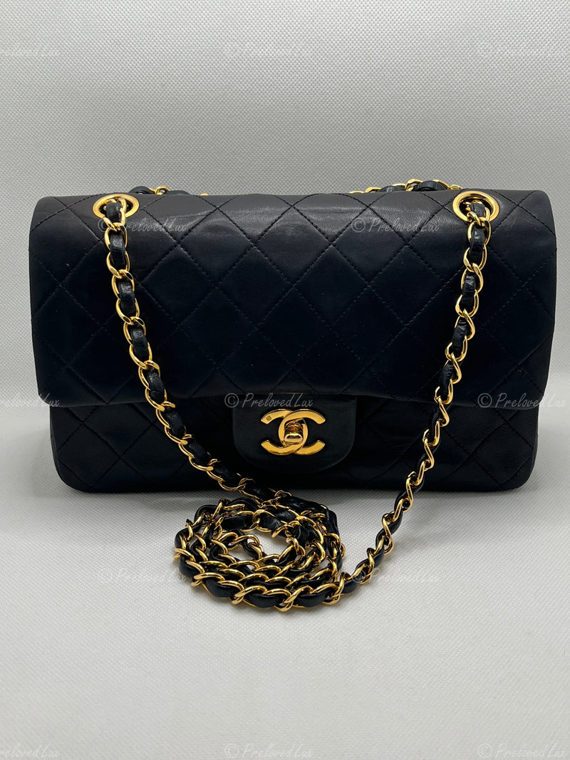 CHANEL Lambskin Small Black Classic Double Flap Bag Gold Hardware