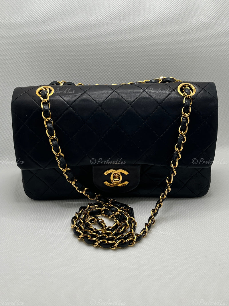 CHANEL Lambskin Small Classic Double Flap Bag Black 24k gold