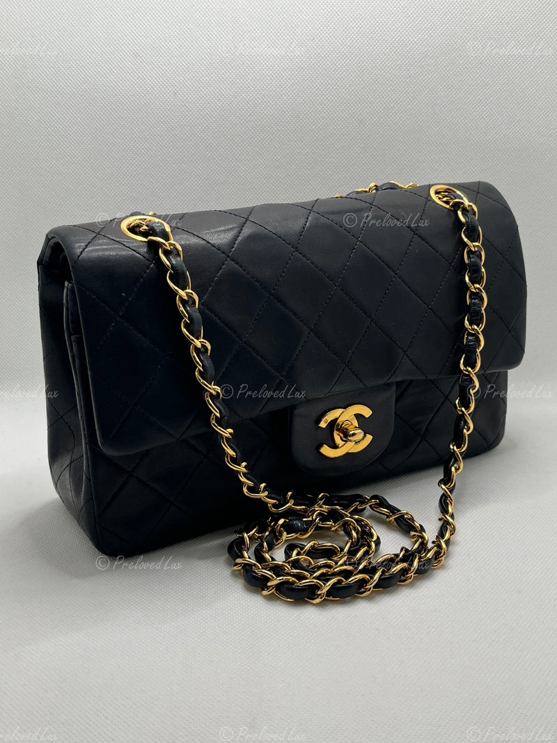CHANEL Lambskin Small Black Classic Double Flap Bag Gold Hardware