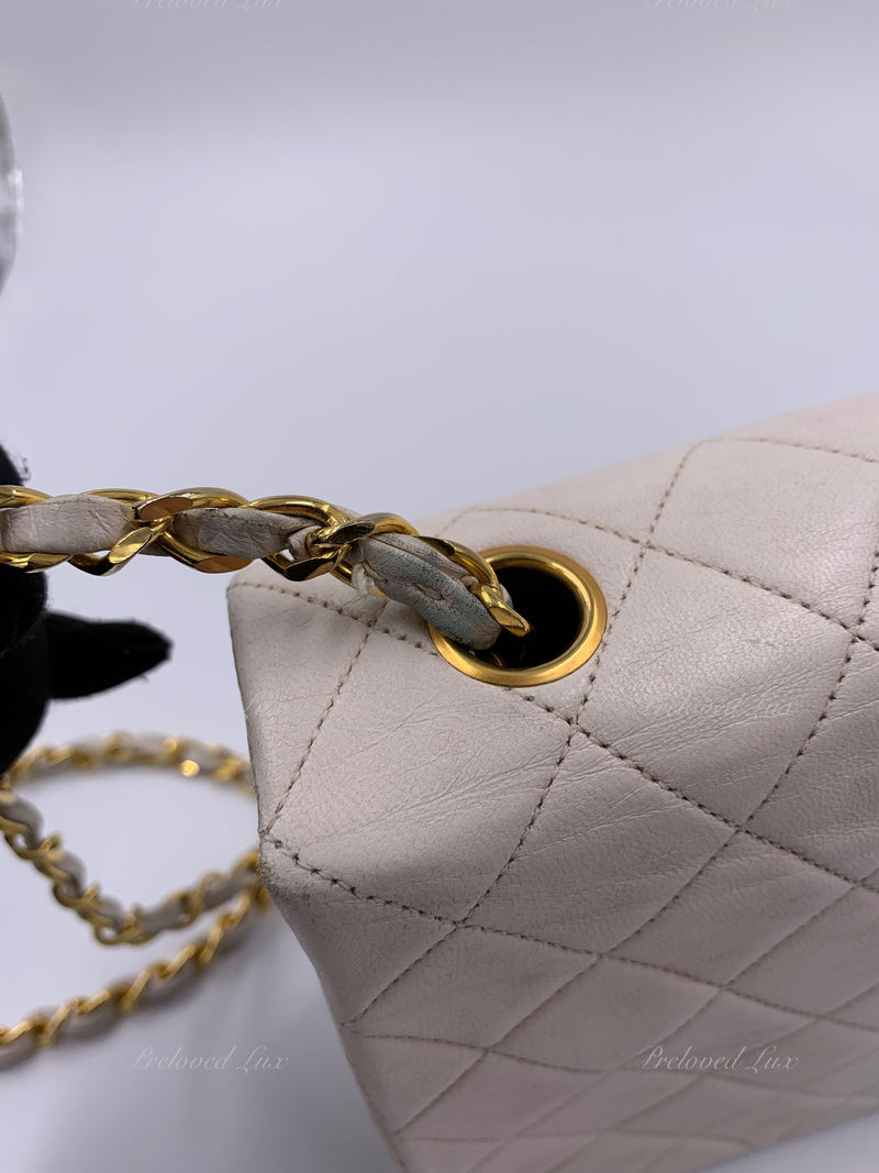 Sold-CHANEL Classic Lambskin Chain Mini Square Flap Bag White/ Gold hardware