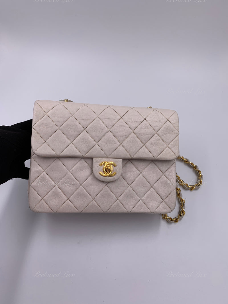 Sold-CHANEL Classic Lambskin Chain Mini Square Flap Bag White/ Gold hardware