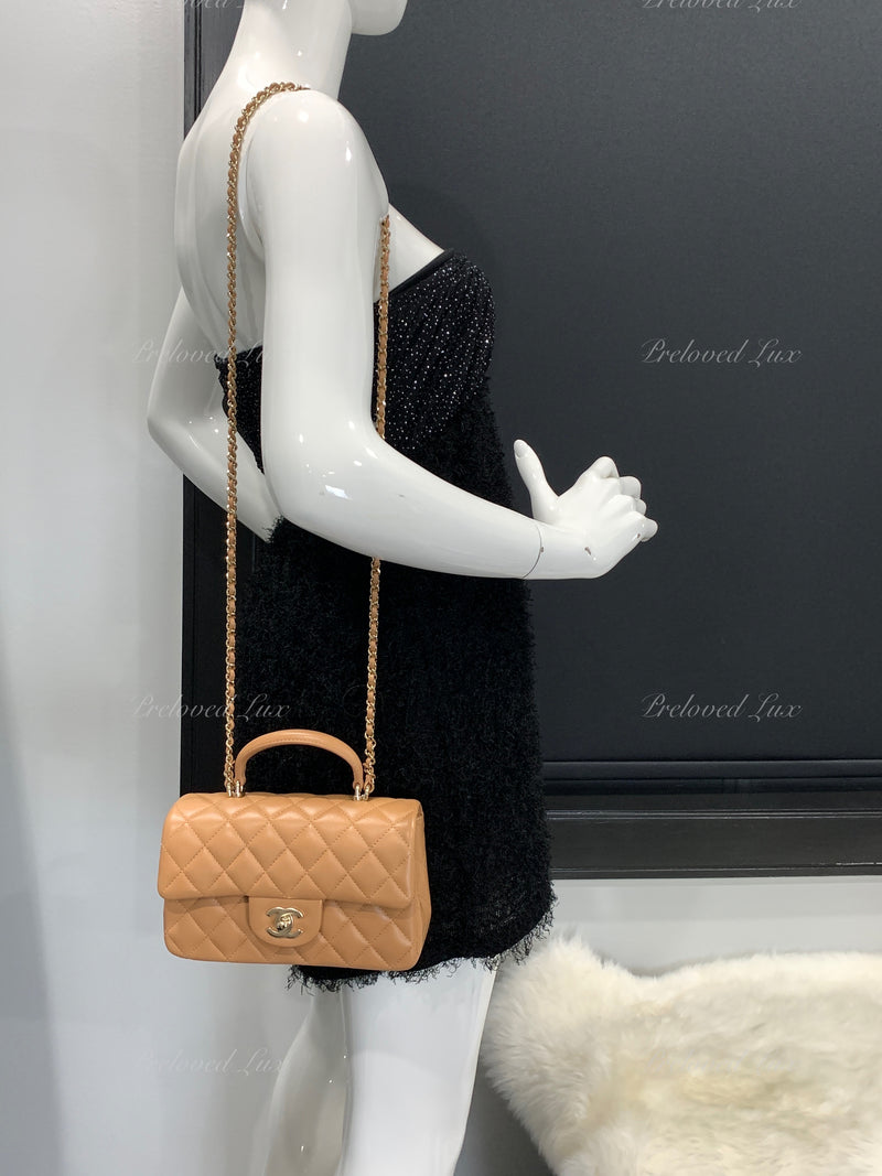 Sold-CHANEL Lambskin Mini Rectangular with Top Handle Caramel Beige / –  Preloved Lux