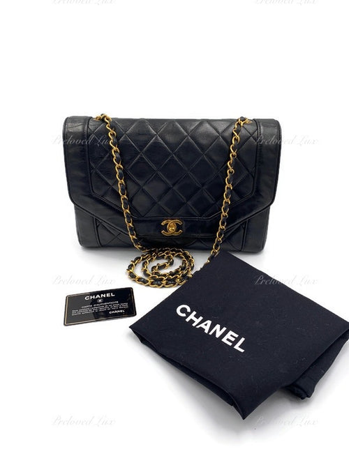 CHANEL Lambskin Vintage Single Chain Single Flap Crossbody Bag Black/gold Diana