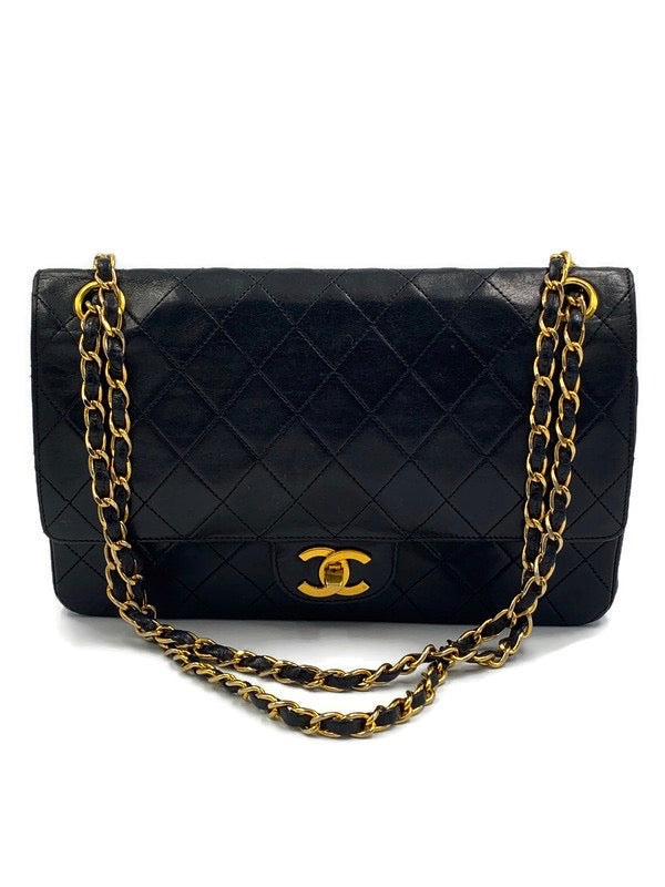 Sold-CHANEL Lambskin Double Chain Double Medium Flap Bag black/gold
