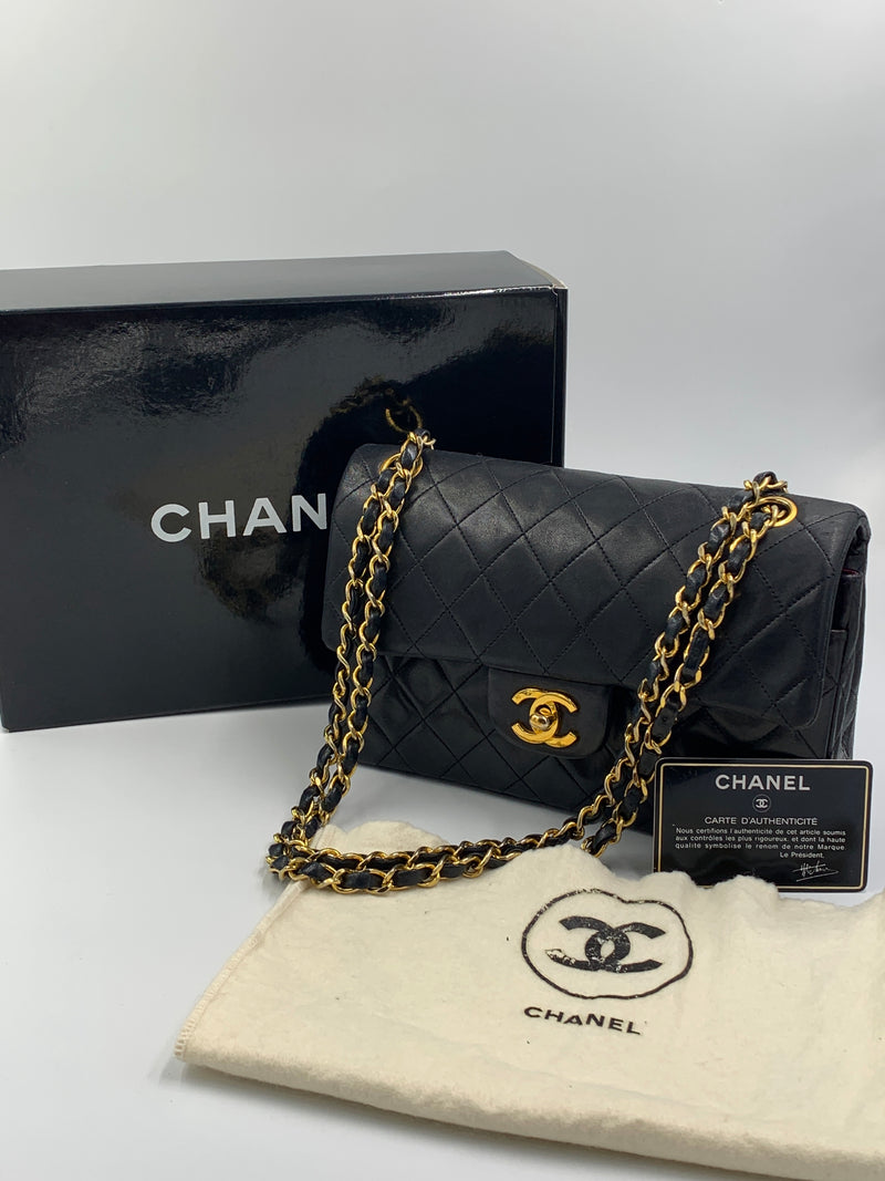 Sold-CHANEL Classic Lambskin Double Chain Double Small Flap Bag black/gold